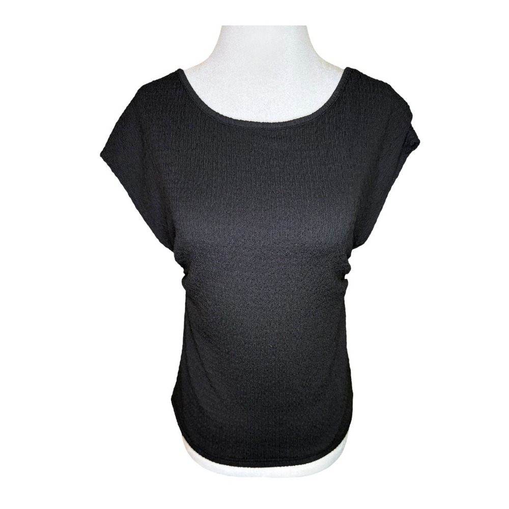 ASTR the Label Black Textured Knit Top Ruched‎ Cap Sleeve Scoop Blouse Medium